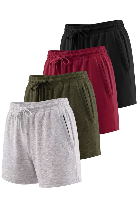 4 Pack: Womens Athletic Dry-Fit Lounge Shorts with Zipper Pockets (Available In Plus Size)