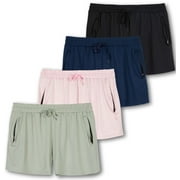Real Essentials 4 Pack: Womens Active Athletic Performance Dry-Fit Shorts with Zipper Pockets (Available In Plus Size)
