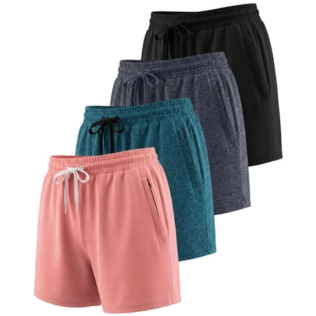 Real Essentials 4 Pack: Womens Active Athletic Performance Dry-Fit Shorts with Zipper Pockets (Available In Plus Size)
