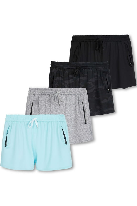 4 Pack: Womens Active Athletic Performance Dry-Fit Shorts with Zipper Pockets (Available In Plus Size)