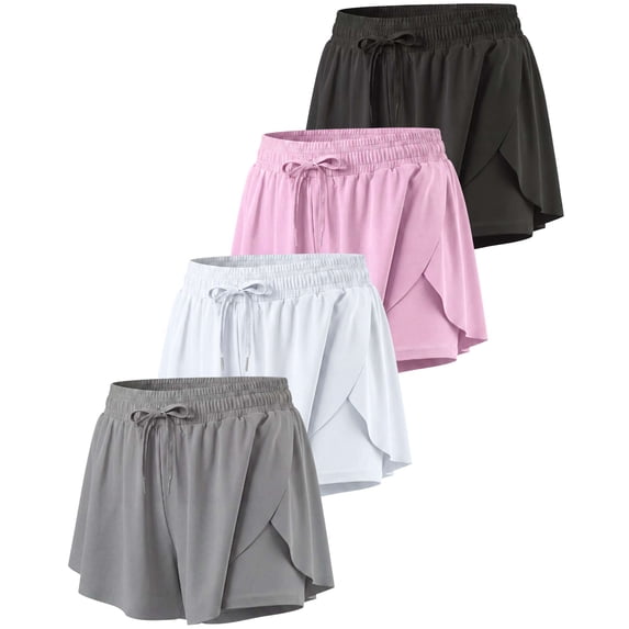 Real Essentials 4 Pack: Womens Flowy Dry Fit Running Short - Spandex Underneath Athletic Workout Gym Shorts (Plus Available)
