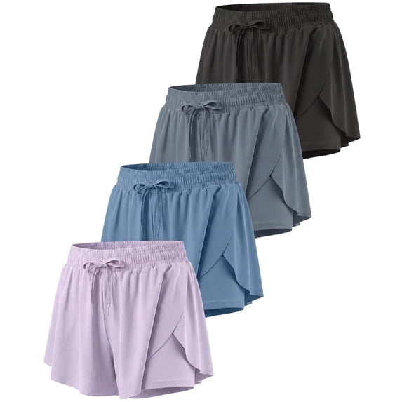 Real Essentials 4 Pack: Womens Flowy Dry Fit Running Short - Spandex Underneath Athletic Workout Gym Shorts (Plus Available)