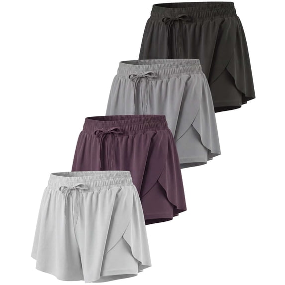 Real Essentials 4 Pack: Womens Flowy Dry Fit Running Short - Spandex Underneath Athletic Workout Gym Shorts (Plus Available)
