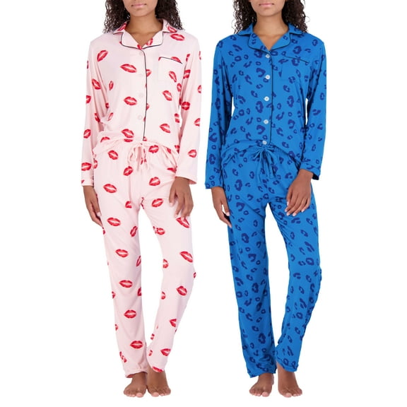 Real Essentials 4 Piece: Womens Long & Short Sleeve Button Down Pajama Set - Ultra Soft (Available In Plus Size)