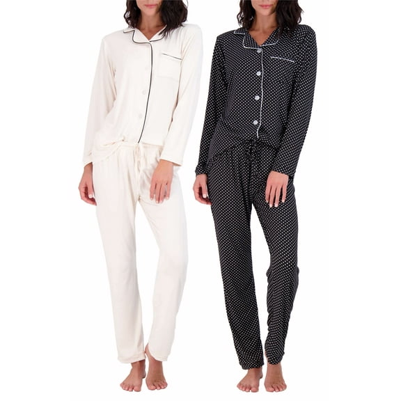 Real Essentials 4 Piece: Womens Long & Short Sleeve Button Down Pajama Set - Ultra Soft (Available In Plus Size)