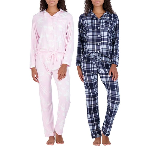 Real Essentials 4 Piece: Womens Long & Short Sleeve Button Down Pajama Set - Ultra Soft (Available In Plus Size)