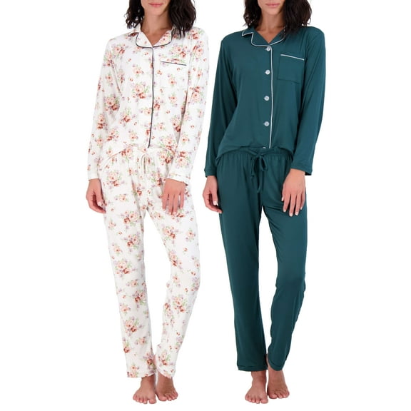 Real Essentials 4 Piece: Womens Long & Short Sleeve Button Down Pajama Set - Ultra Soft (Available In Plus Size)
