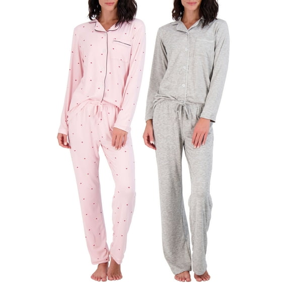 Real Essentials 4 Piece: Womens Long & Short Sleeve Button Down Pajama Set - Ultra Soft (Available In Plus Size)