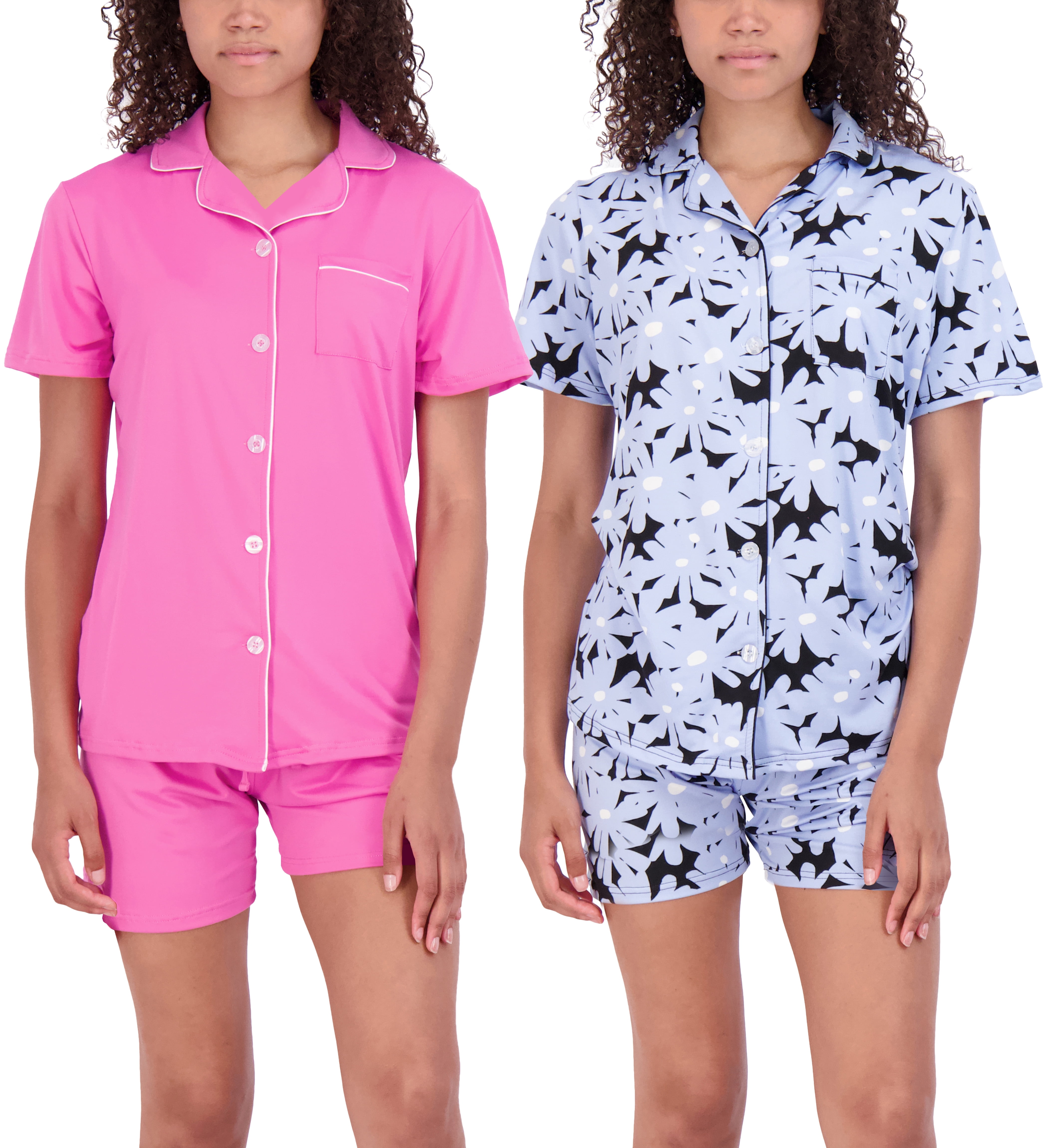 Real Essentials 4 Piece Womens Long Short Sleeve Button Down Pajama Set Ultra Soft Available In Plus Size