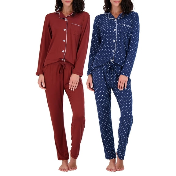 Real Essentials 4 Piece: Womens Long & Short Sleeve Button Down Pajama Set - Ultra Soft (Available In Plus Size)