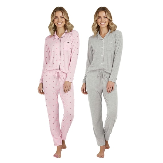 Real Essentials 2 Pack: Women's Soft Pajama Set Button Down Top and Lounge Sleep PJ Pants Matching Sleepwear (Plus Size) Small Long Sleeve Set 4