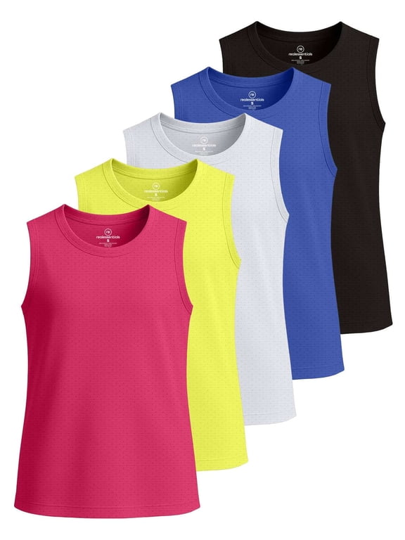 5 Pack: Girls Breeze Tech Tank Tops – Moisture-Wicking Sports, Dance & Athletic Workout Sleeveless Shirts