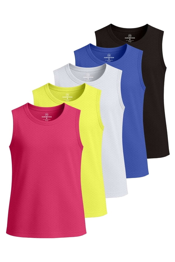5 Pack: Girls Breeze Tech Tank Tops – Moisture-Wicking Sports, Dance & Athletic Workout Sleeveless Shirts