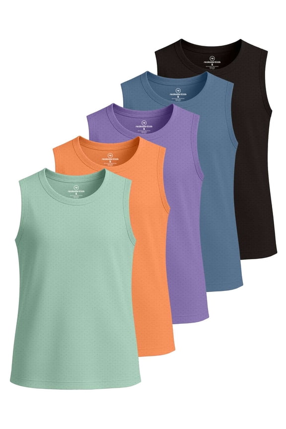 5 Pack: Girls Breeze Tech Tank Tops – Moisture-Wicking Sports, Dance & Athletic Workout Sleeveless Shirts