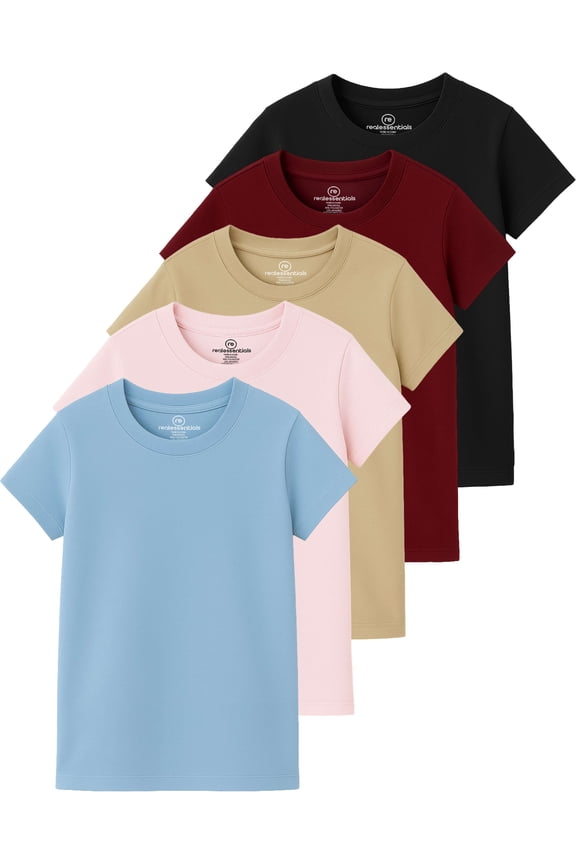 5 Pack: Girls' Cotton Short Sleeve Crew Neck T-Shirt - Athletic Tee Shirt for Teens Kids Youth (Ages 4-16)