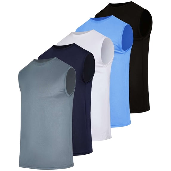Real Essentials 5 Pack: Men's Breeze Tech Tank Tops Sleeveless Shirts Workout Muscle Athletic Running (Big & Tall Available)