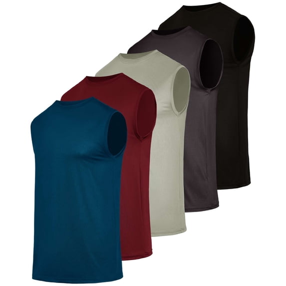 Real Essentials 5 Pack: Men's Breeze Tech Tank Tops Sleeveless Shirts Workout Muscle Athletic Running (Big & Tall Available)