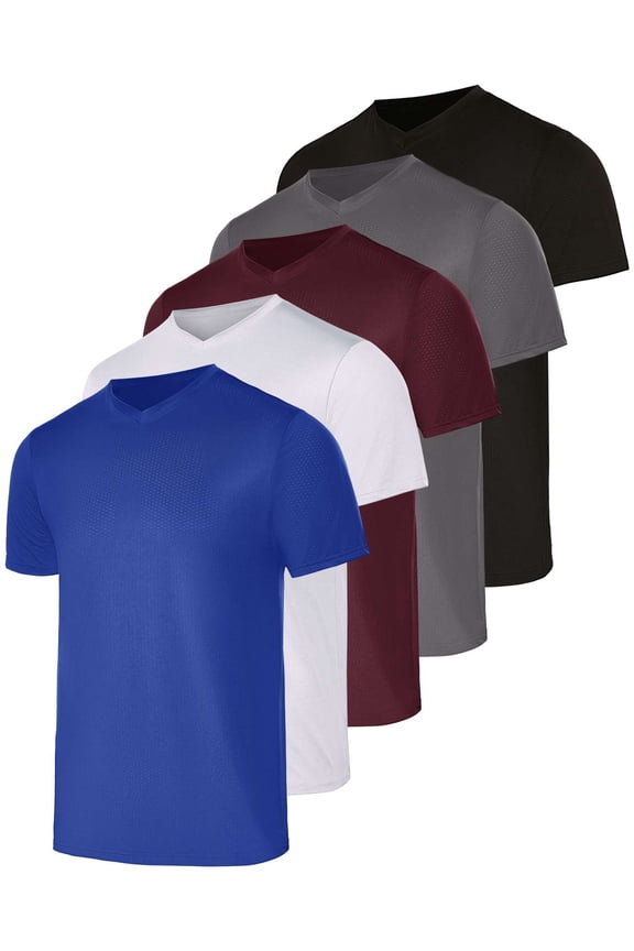 5 Pack: Men's Breeze Tech V-Neck Dry Fit T-Shirts Moisture Wicking Athletic Workout & Gym Shirts (Big &Tall)