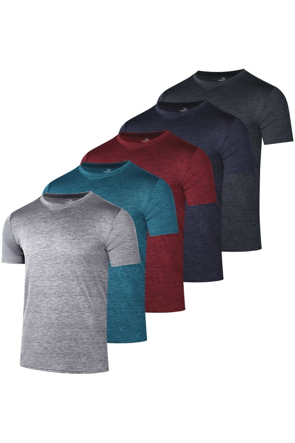 5 Pack: Mens Dry-Fit Moisture Wicking Active Athletic Performance Crew T-Shirt