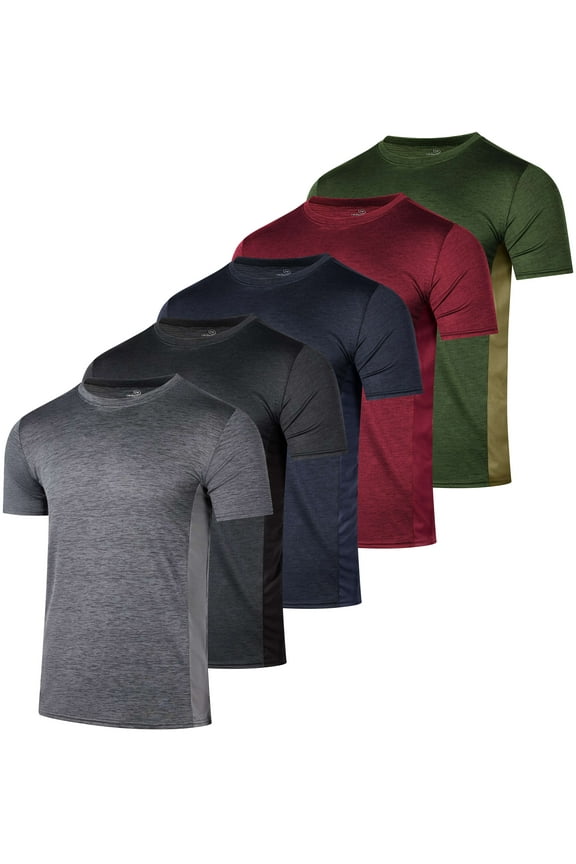 5 Pack: Mens Dry-Fit Moisture Wicking Active Athletic Performance Crew T-Shirt