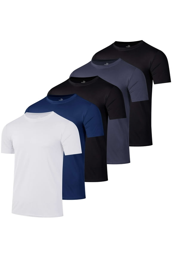 5 Pack: Mens Dry-Fit Moisture Wicking Active Athletic Performance Crew T-Shirt
