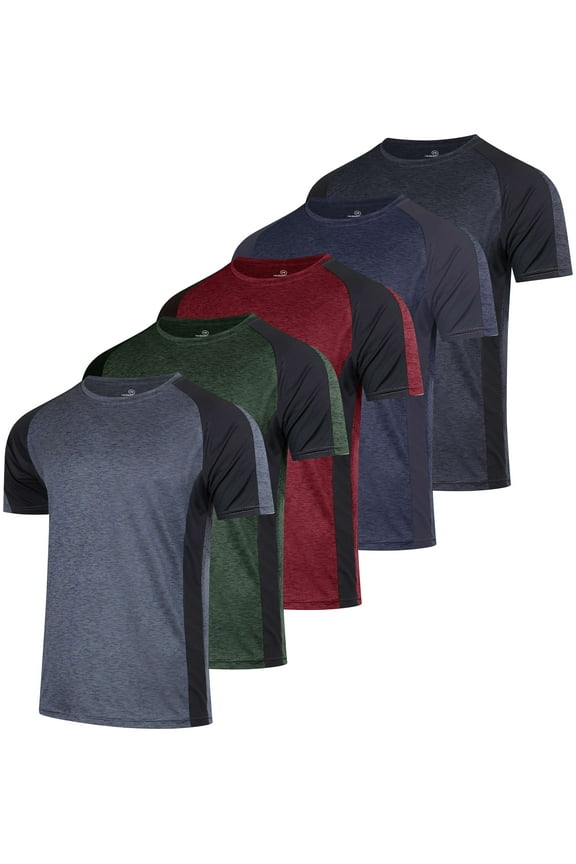 5 Pack: Mens Dry-Fit Moisture Wicking Active Athletic Performance Crew T-Shirt