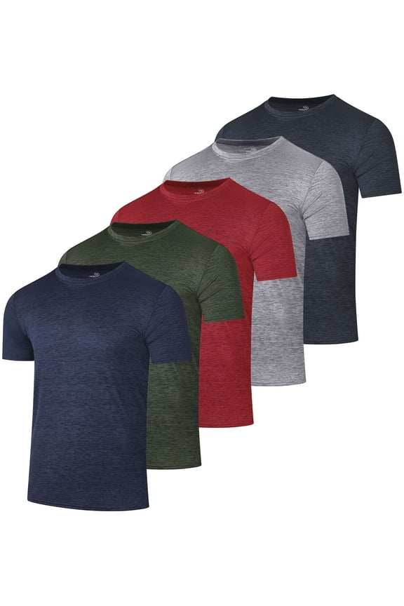 5 Pack: Mens Dry-Fit Moisture Wicking Active Athletic Performance Crew T-Shirt