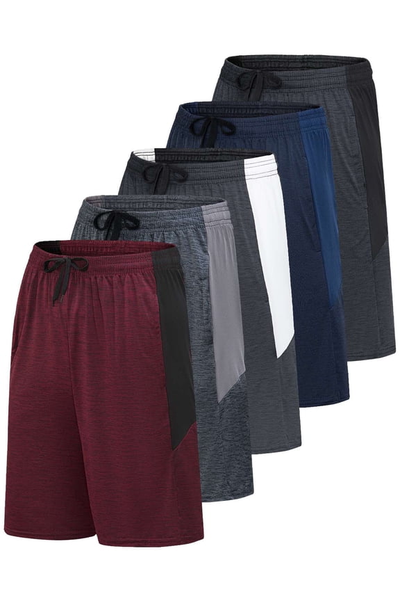 Mens 5 Pack: 9" Dry-Fit Shorts Athletic Gym, Workout, Basketball, Running, Casual Lounge Active Pockets