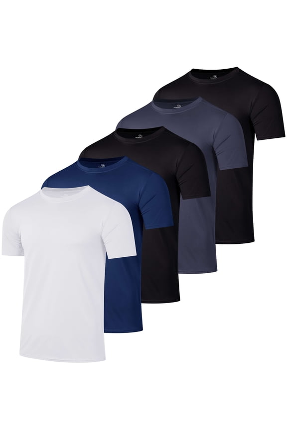 5 Pack: Men’s Short Sleeve Dry Fit Active Crew Neck T Shirt - Athletic Running Gym Workout Tee Tops