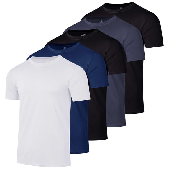 Real Essentials 5 Pack: Men's Dry-Fit Short Sleeve Crew Neck T Shirts Fitness Running Gym Workout Cool Exercise Athletic Tee