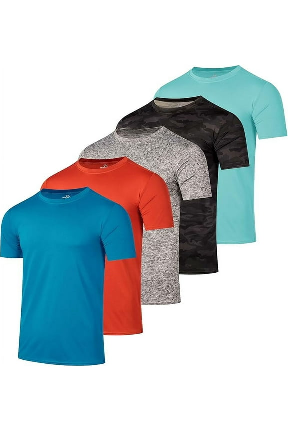 Real Essentials 5 Pack: Men’s Short Sleeve Dry Fit Active Crew Neck T Shirt - Athletic Running Gym Workout Tee Tops