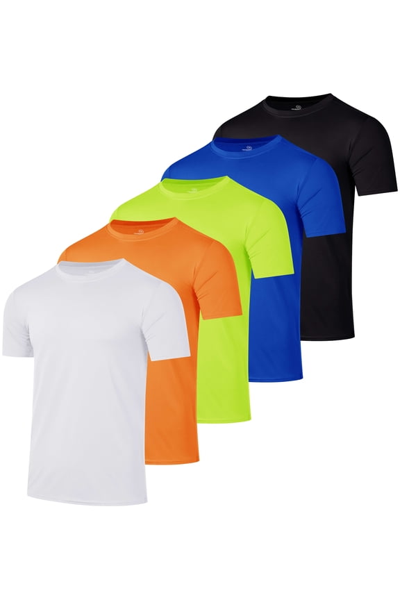 5 Pack: Men’s Short Sleeve Dry Fit Active Crew Neck T Shirt - Athletic Running Gym Workout Tee Tops