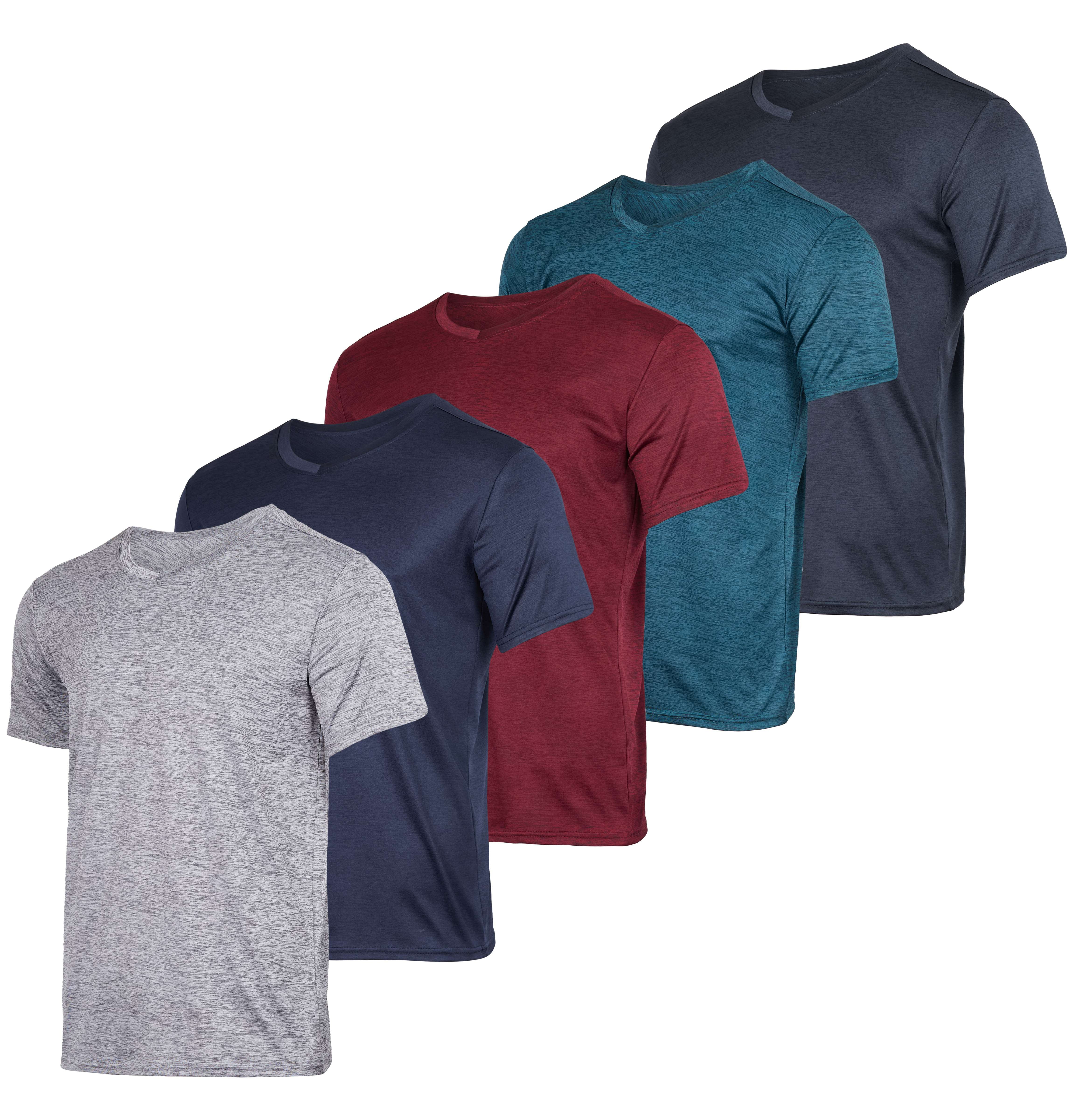 5 Pack: Men’s V-Neck Dry-Fit Moisture Wicking Active Athletic Tech Performance T-Shirt
