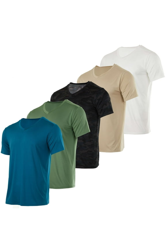 5 Pack: Men’s V-Neck Dry-Fit Moisture Wicking Active Athletic Tech Performance T-Shirt