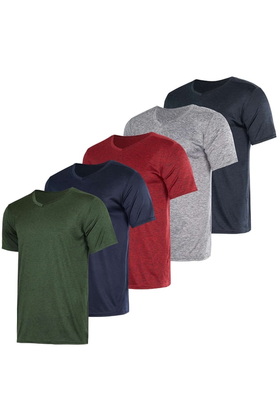 5 Pack: Mens V-Neck Dry-Fit Moisture Wicking Active Athletic Tech Performance T-Shirt