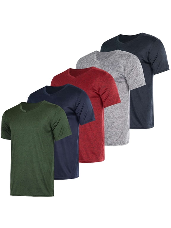 5 Pack: Mens V-Neck Dry-Fit Moisture Wicking Active Athletic Tech Performance T-Shirt