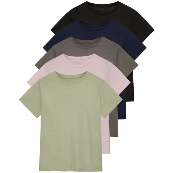 Real Essentials 5 Pack: Women’s 100% Cotton Oversized Short Sleeve T-Shirts Fashion Trendy Tees (Available in Plus Size)