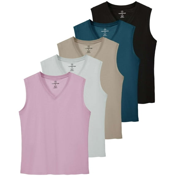 Real Essentials 5 Pack: Women's 100% Cotton V-Neck Sleeveless Tank Top Basic Ladies Casual Shirts (Available In Plus Size)