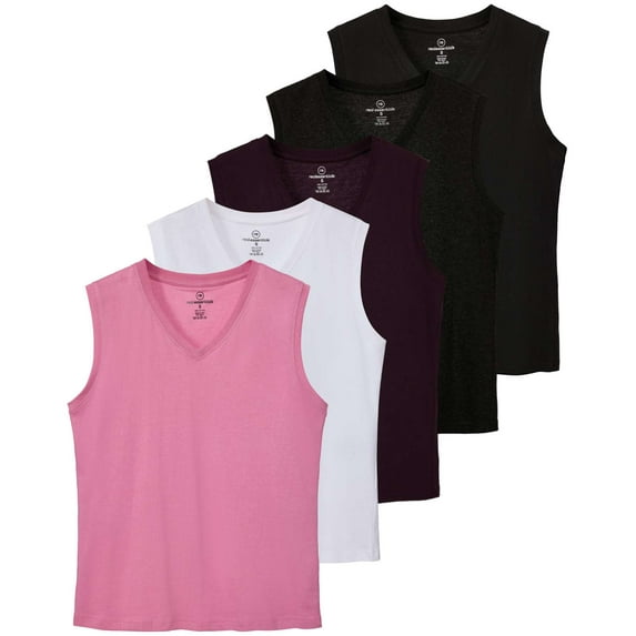 Real Essentials 5 Pack: Women's 100% Cotton V-Neck Sleeveless Tank Top Basic Ladies Casual Shirts (Available In Plus Size)
