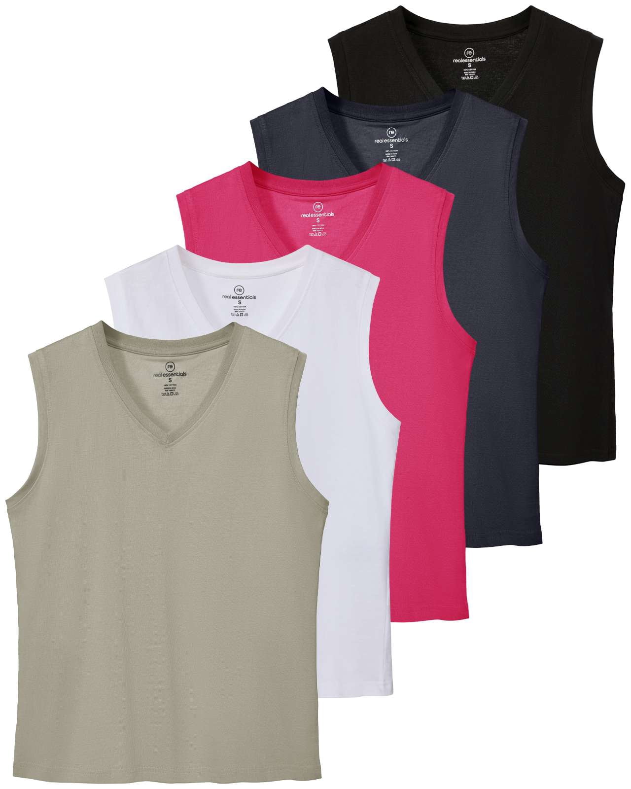 Real Essentials 5 Pack: Women's 100% Cotton V-Neck Sleeveless Tank Top ...