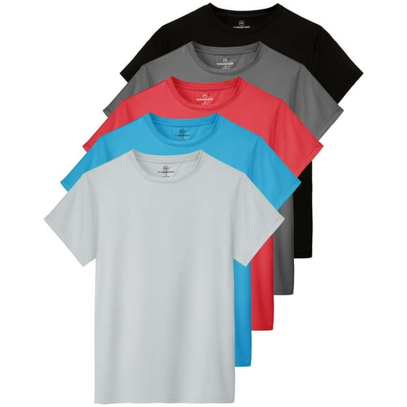 Real Essentials 5 Pack: Women's Breeze Tech Short Sleeve T-Shirts Athletic Tops Gym Workout Yoga Tennis Activewear (Plus)