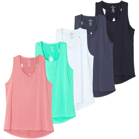 Real Essentials 5 Pack: Women's Crossback Keyhole Open Back Workout Tank Top Dry-Fit Sleeveless Yoga Gym (Available In Plus)