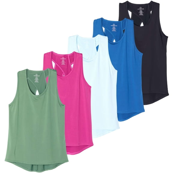 Real Essentials 5 Pack: Women's Crossback Keyhole Open Back Workout Tank Top Dry-Fit Sleeveless Yoga Gym (Available In Plus)