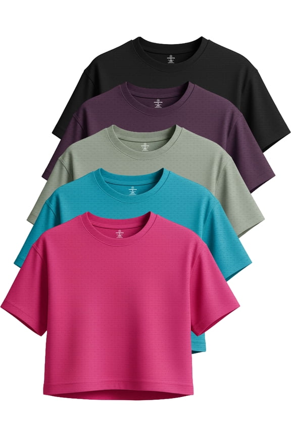 5 Pack: Women's Dry-Fit Breeze Tech Crop Tops – Short Sleeve Athletic Workout, Yoga Tees (Available in Plus)