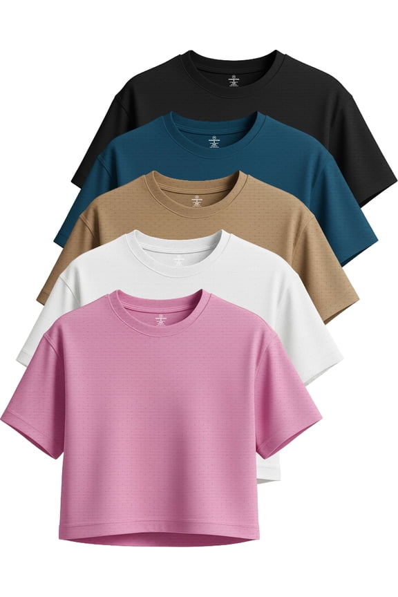 5 Pack: Women's Dry-Fit Breeze Tech Crop Tops – Short Sleeve Athletic Workout, Yoga Tees (Available in Plus)