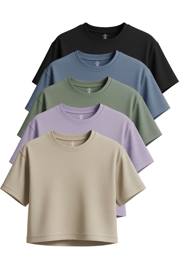 5 Pack: Women's Dry-Fit Breeze Tech Crop Tops – Short Sleeve Athletic Workout, Yoga Tees (Available in Plus)