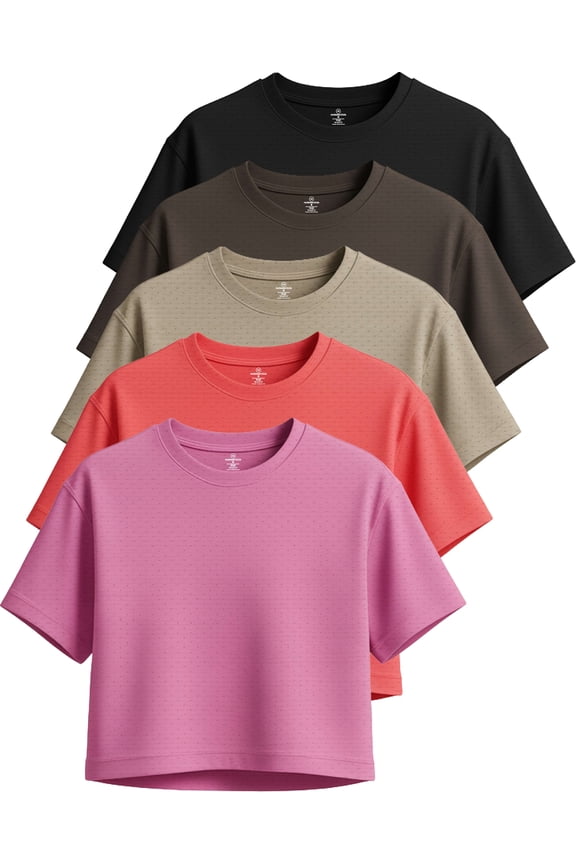 5 Pack: Women's Dry-Fit Breeze Tech Crop Tops Short Sleeve Athletic Workout, Yoga Tees (Available in Plus)
