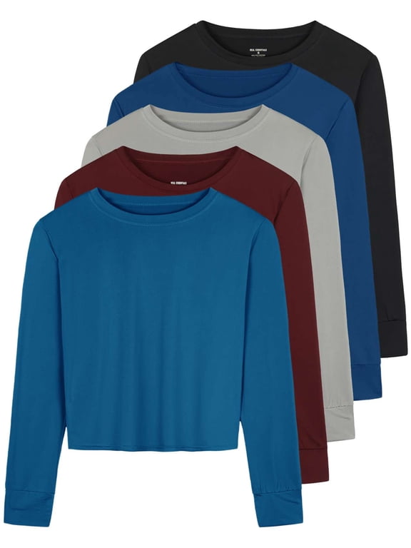 5 Pack: Women's Dry Fit Crop Top - Long Sleeve Crew Neck Stretch Athletic Tee (Available in Plus Size)
