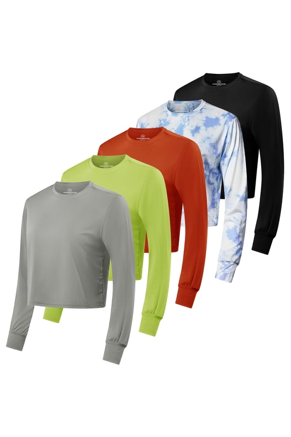 5 Pack: Women's Dry Fit Crop Top - Long Sleeve Crew Neck Stretch Athletic Tee (Available in Plus Size)