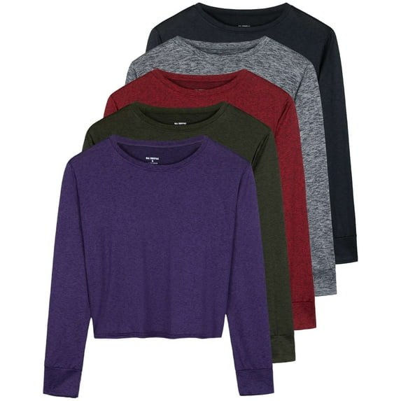 Real Essentials 5 Pack: Women's Dry Fit Crop Top - Long Sleeve Crew Neck Stretch Athletic Tee (Available in Plus Size)